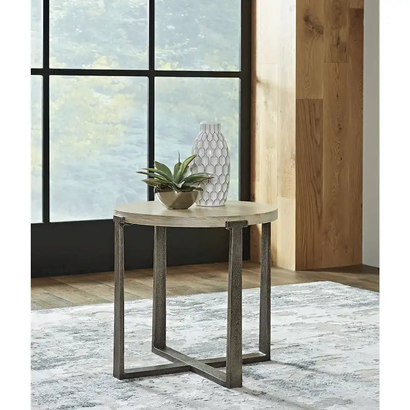 Gold / Grey Round End Table, Contemporary Style, Single