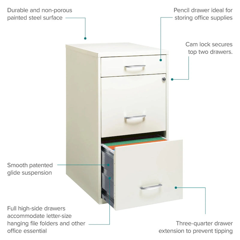 Off-White Steel File Cabinet, 3-Drawer, Single-User