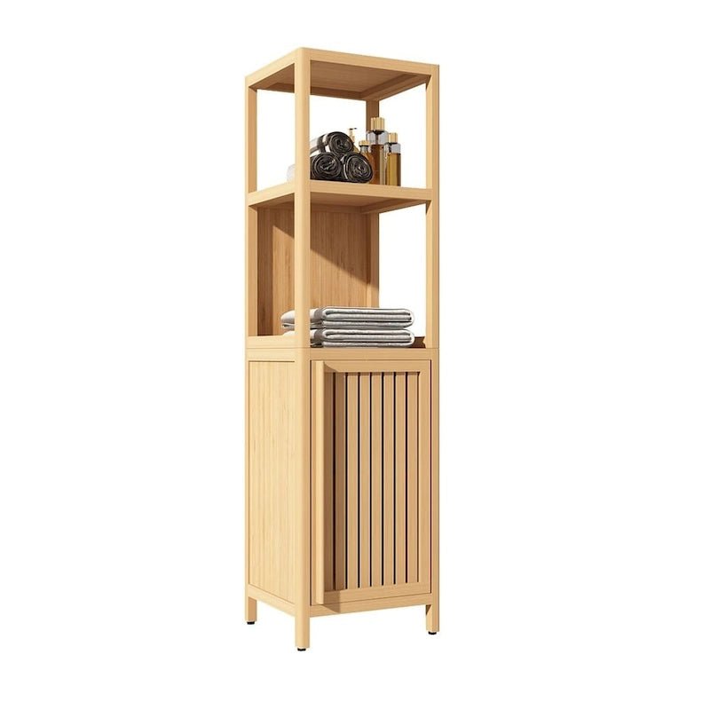 Natural Bamboo Floor Storage Cabinet – 2 Shelves + Door, 1-Person Assembly