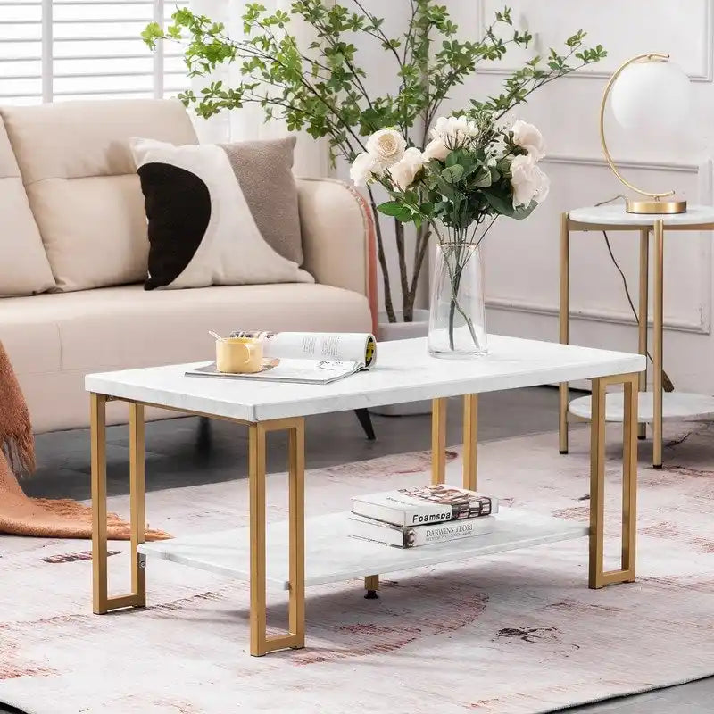 White & Gold Double-Layer Coffee Table for Living Room