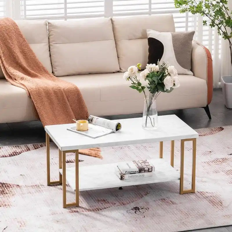 White & Gold Double-Layer Coffee Table for Living Room
