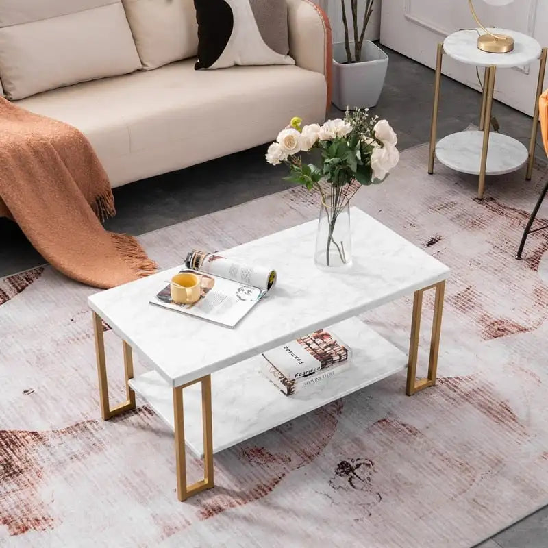 White & Gold Double-Layer Coffee Table for Living Room