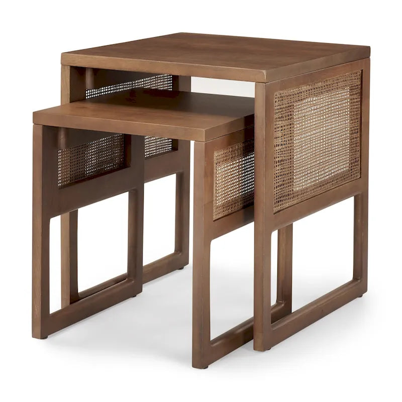 Medium Brown / Light Brown Square Nesting Accent Tables, Set of 2, Seats 2