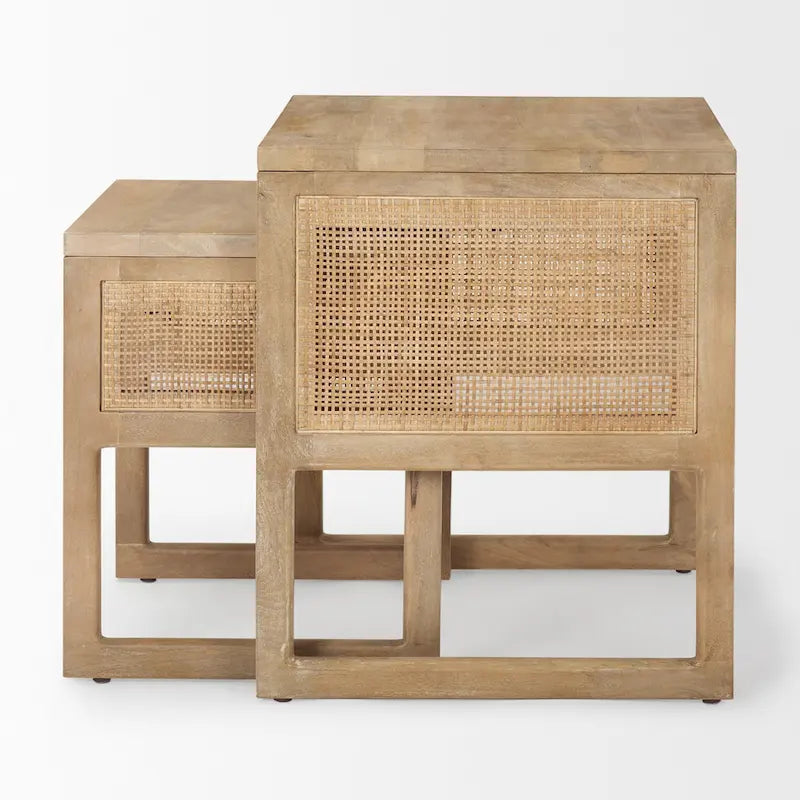 Medium Brown / Light Brown Square Nesting Accent Tables, Set of 2, Seats 2