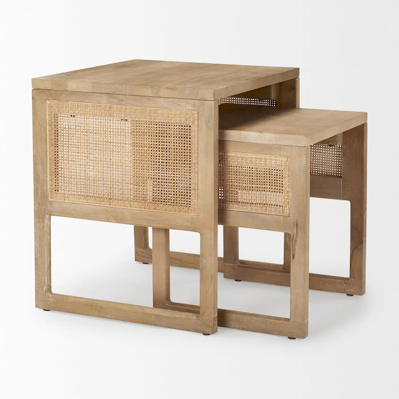 Medium Brown / Light Brown Square Nesting Accent Tables, Set of 2, Seats 2