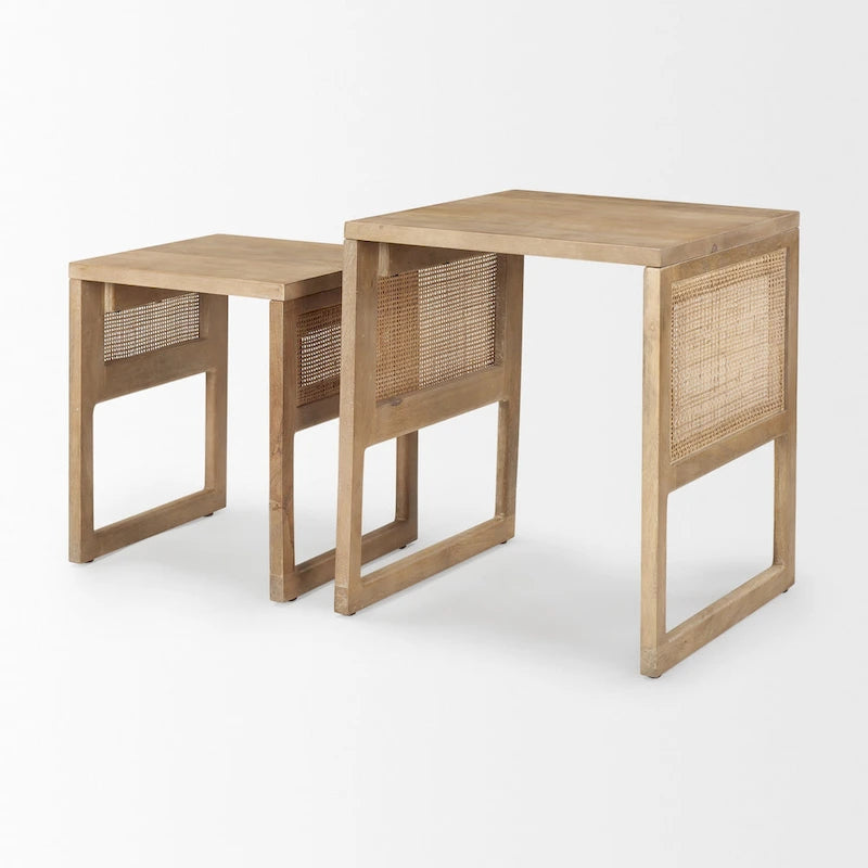 Medium Brown / Light Brown Square Nesting Accent Tables, Set of 2, Seats 2