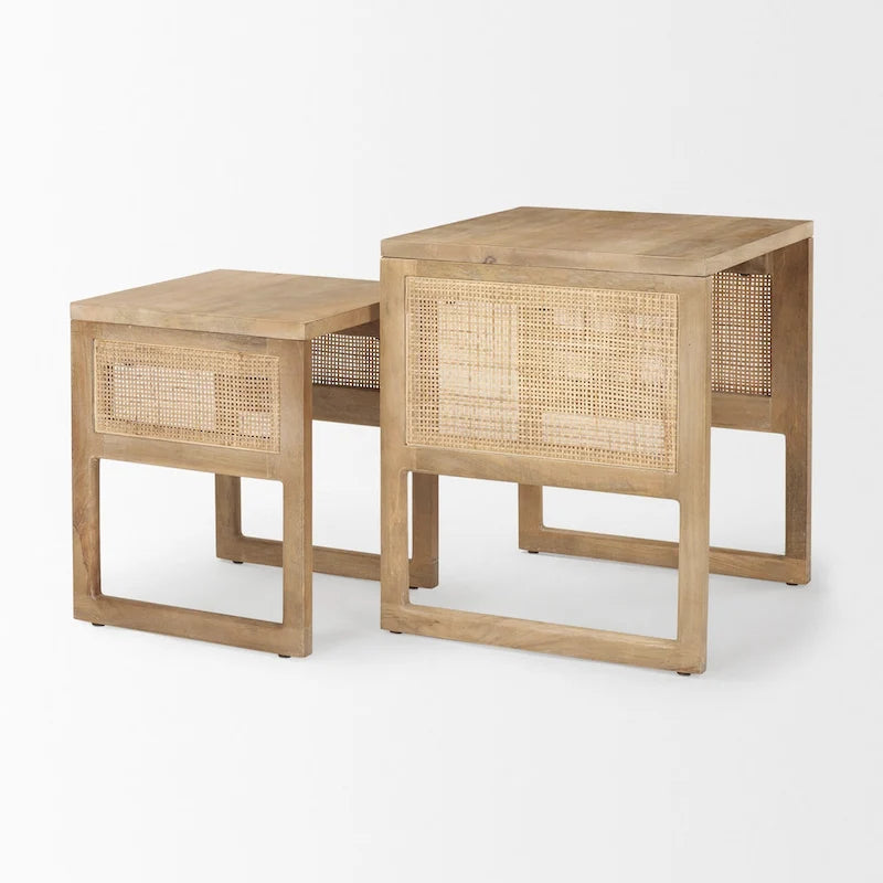 Medium Brown / Light Brown Square Nesting Accent Tables, Set of 2, Seats 2