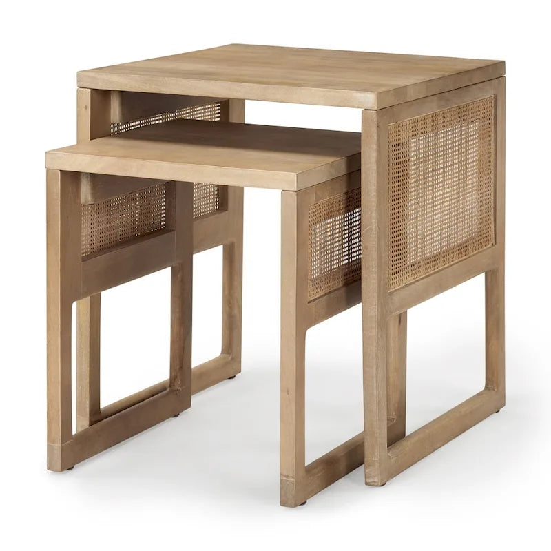 Medium Brown / Light Brown Square Nesting Accent Tables, Set of 2, Seats 2