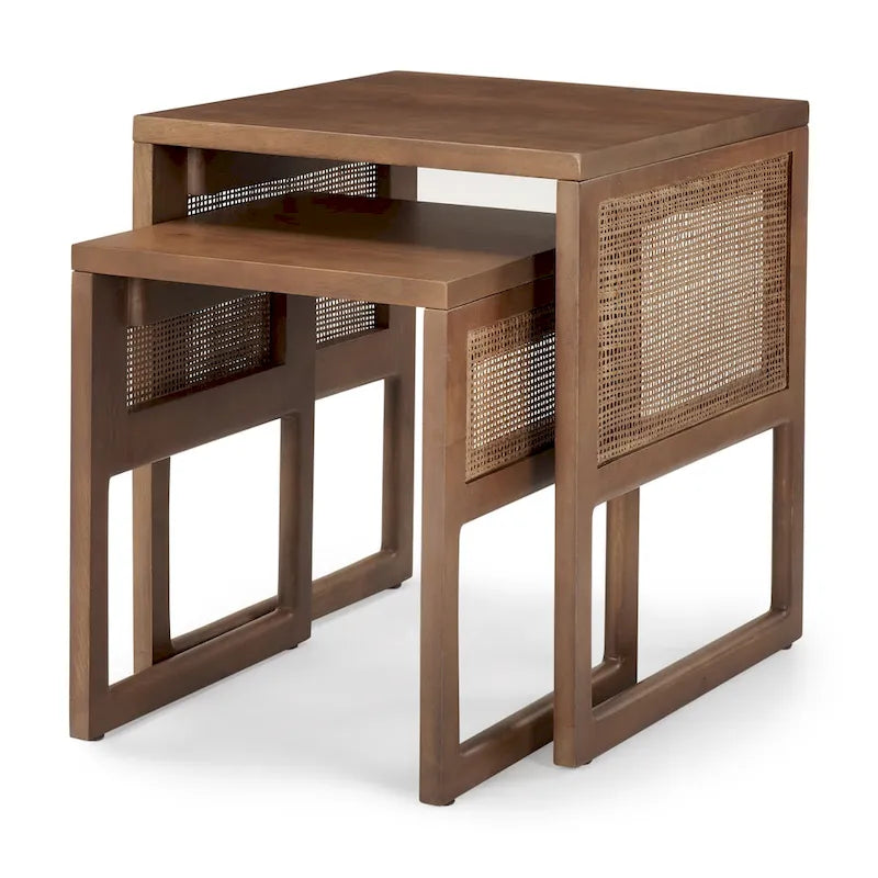 Medium Brown / Light Brown Square Nesting Accent Tables, Set of 2, Seats 2