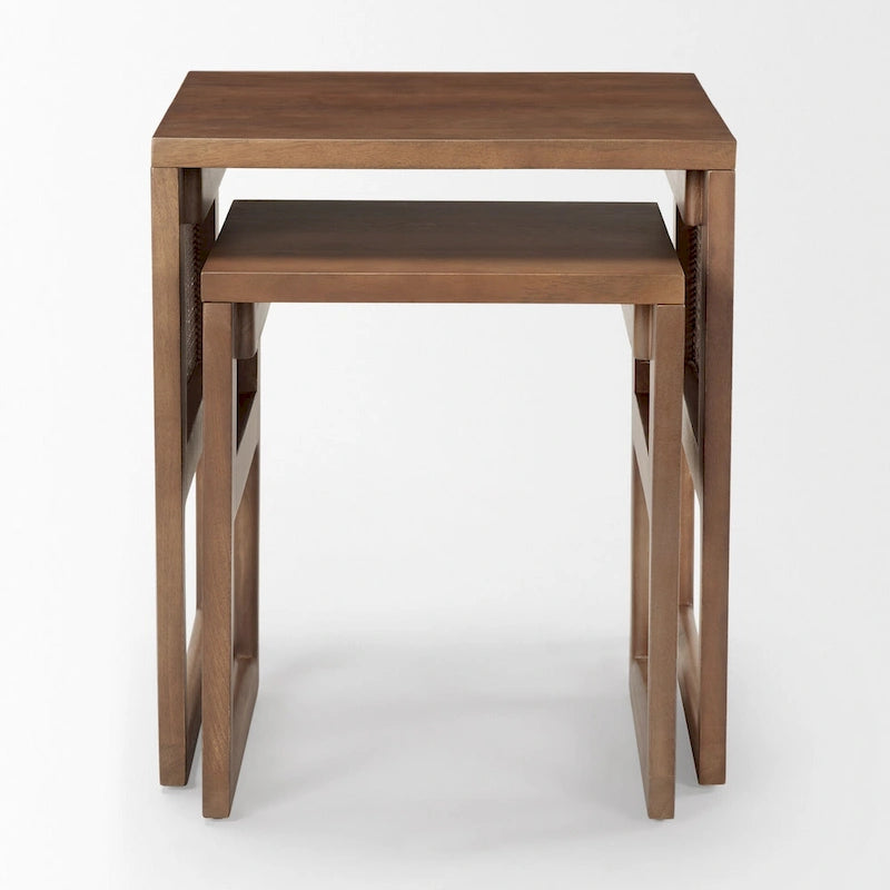 Medium Brown / Light Brown Square Nesting Accent Tables, Set of 2, Seats 2