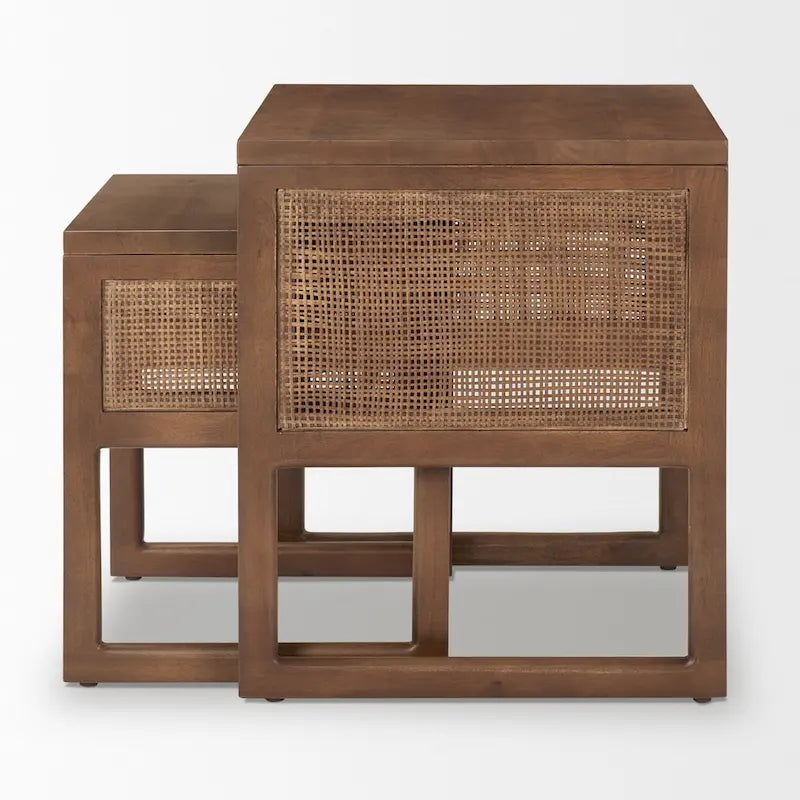 Medium Brown / Light Brown Square Nesting Accent Tables, Set of 2, Seats 2