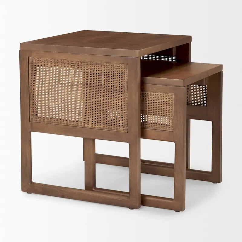 Medium Brown / Light Brown Square Nesting Accent Tables, Set of 2, Seats 2