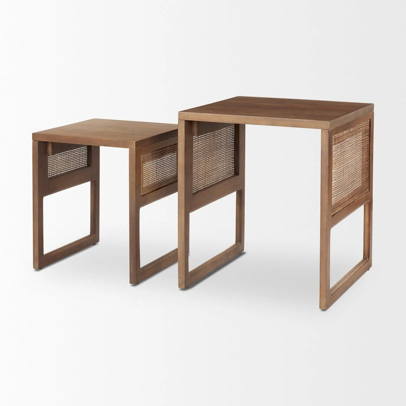 Medium Brown / Light Brown Square Nesting Accent Tables, Set of 2, Seats 2
