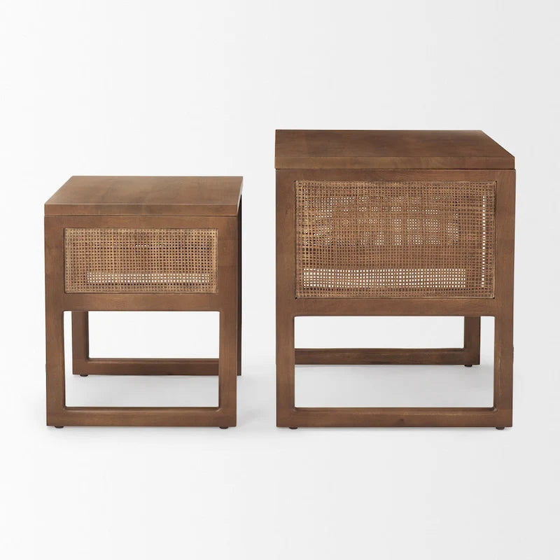 Medium Brown / Light Brown Square Nesting Accent Tables, Set of 2, Seats 2