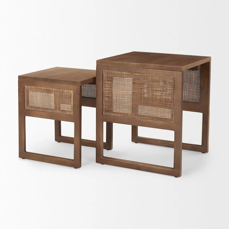 Medium Brown / Light Brown Square Nesting Accent Tables, Set of 2, Seats 2