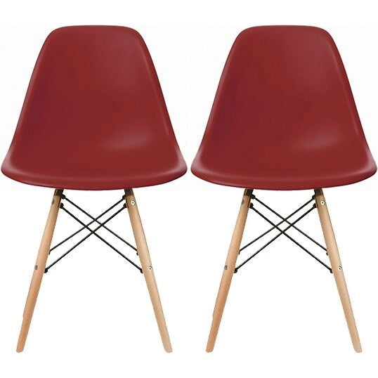 Red / Armless Shell Style / Set of 2 – Plastic Dining Chairs with Wooden Eiffel Legs