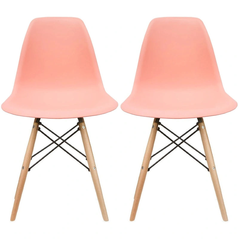 Red / Armless Shell Style / Set of 2 – Plastic Dining Chairs with Wooden Eiffel Legs