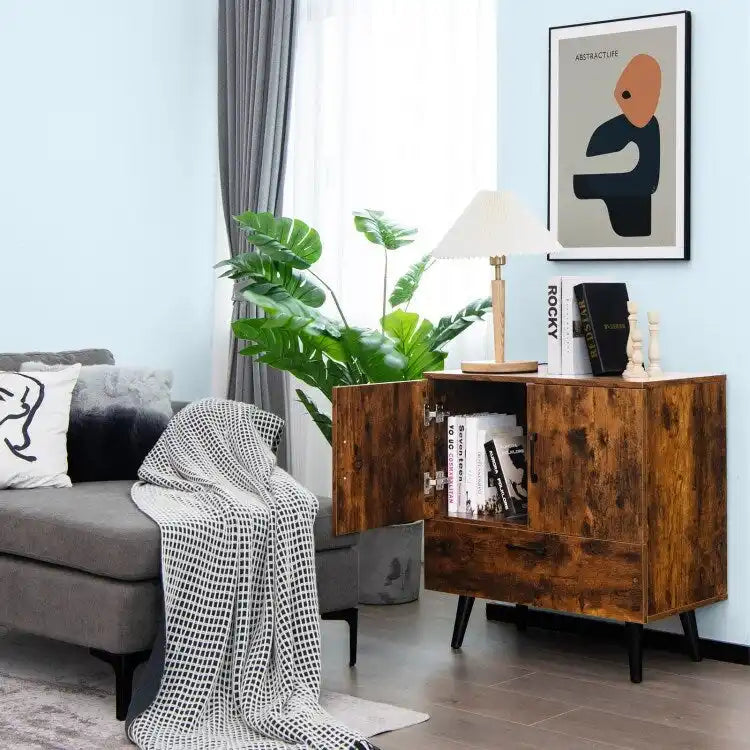 Rustic Brown 2-Door 1-Drawer Floor Storage Cabinet