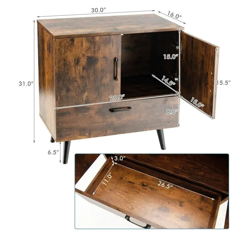 Rustic Brown 2-Door 1-Drawer Floor Storage Cabinet