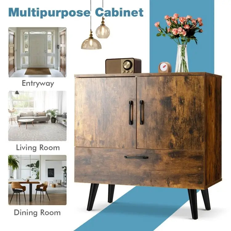 Rustic Brown 2-Door 1-Drawer Floor Storage Cabinet