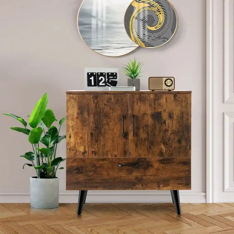 Rustic Brown 2-Door 1-Drawer Floor Storage Cabinet