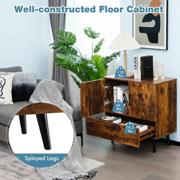 Rustic Brown 2-Door 1-Drawer Floor Storage Cabinet
