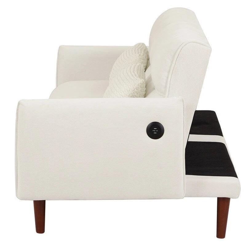 Green / Ivory / Gray Convertible Futon Sofa Bed, Fabric, Seats 2