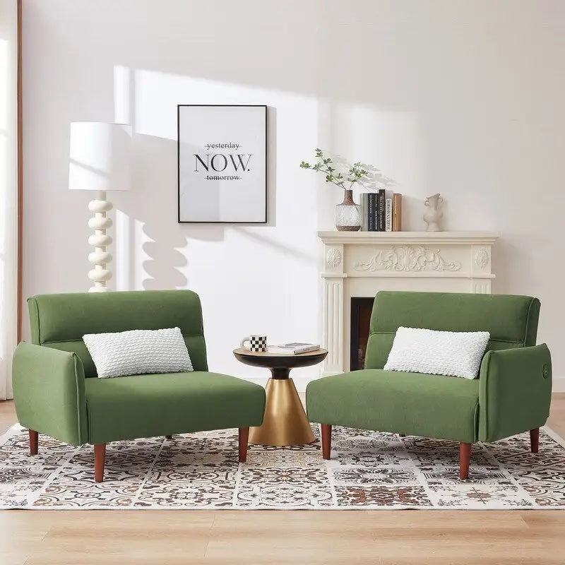 Green / Ivory / Gray Convertible Futon Sofa Bed, Fabric, Seats 2