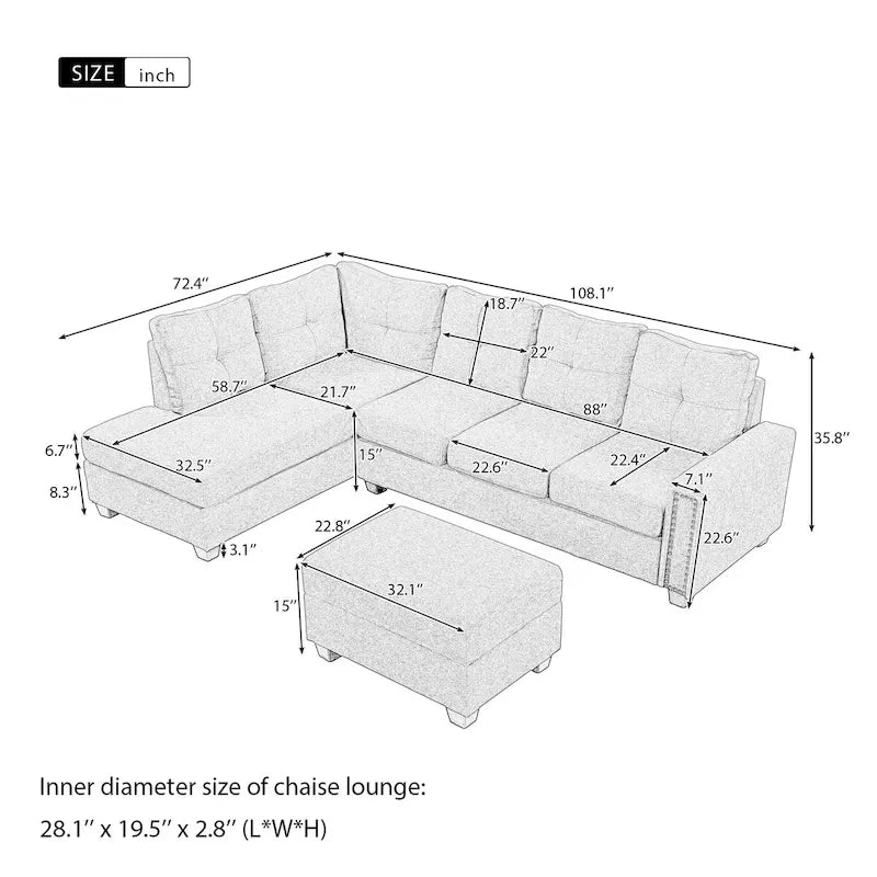 Grey Reversible L-Shaped Sectional Sofa with Storage Ottoman, Seats 4-5