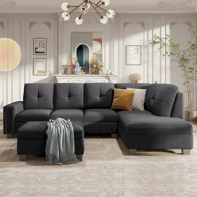 Grey Reversible L-Shaped Sectional Sofa with Storage Ottoman, Seats 4-5