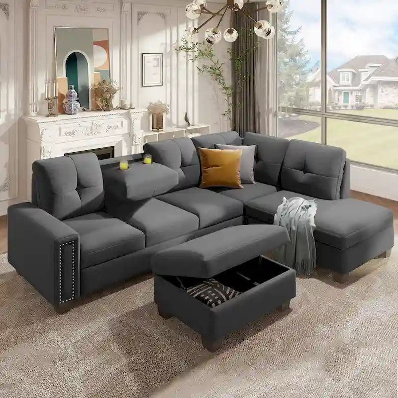 Grey Reversible L-Shaped Sectional Sofa with Storage Ottoman, Seats 4-5