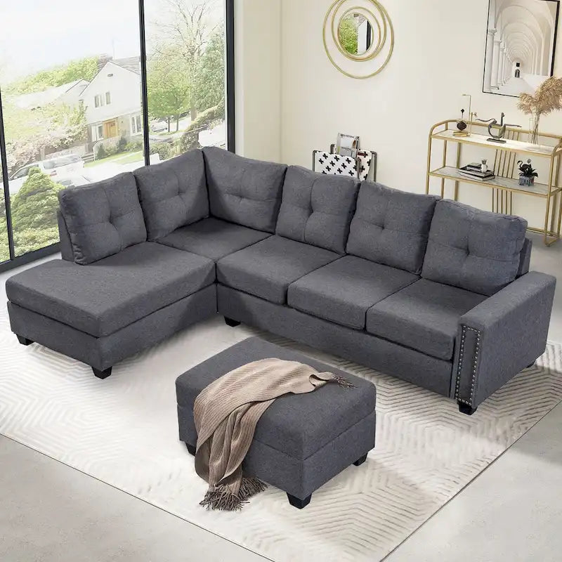 Grey Reversible L-Shaped Sectional Sofa with Storage Ottoman, Seats 4-5