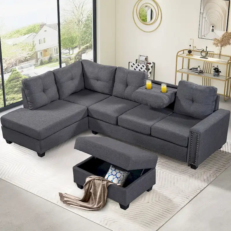 Grey Reversible L-Shaped Sectional Sofa with Storage Ottoman, Seats 4-5