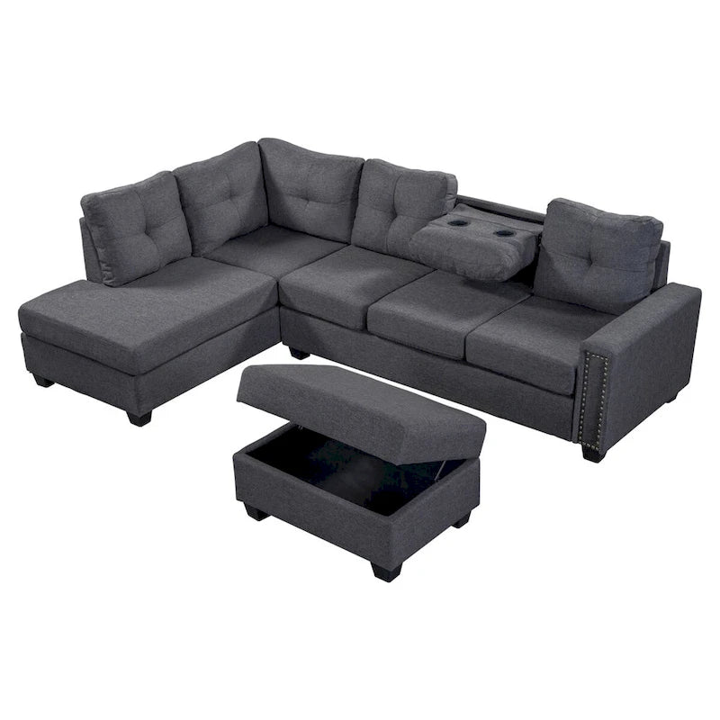 Grey Reversible L-Shaped Sectional Sofa with Storage Ottoman, Seats 4-5