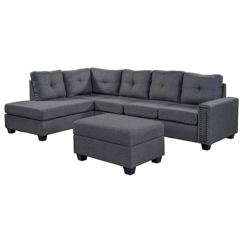 Grey Reversible L-Shaped Sectional Sofa with Storage Ottoman, Seats 4-5