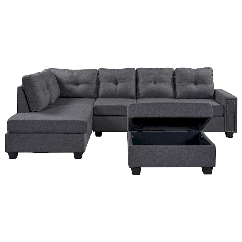 Grey Reversible L-Shaped Sectional Sofa with Storage Ottoman, Seats 4-5