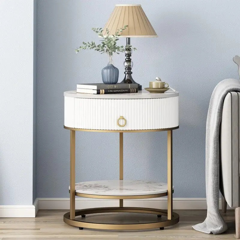 Gold Marble Top Round Side Table with Drawer