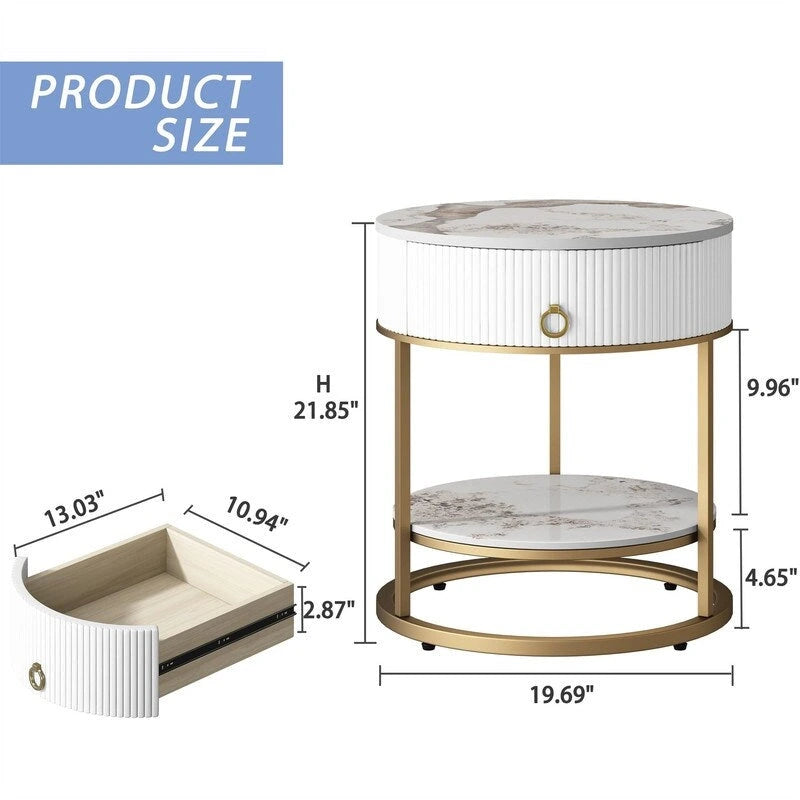 Gold Marble Top Round Side Table with Drawer