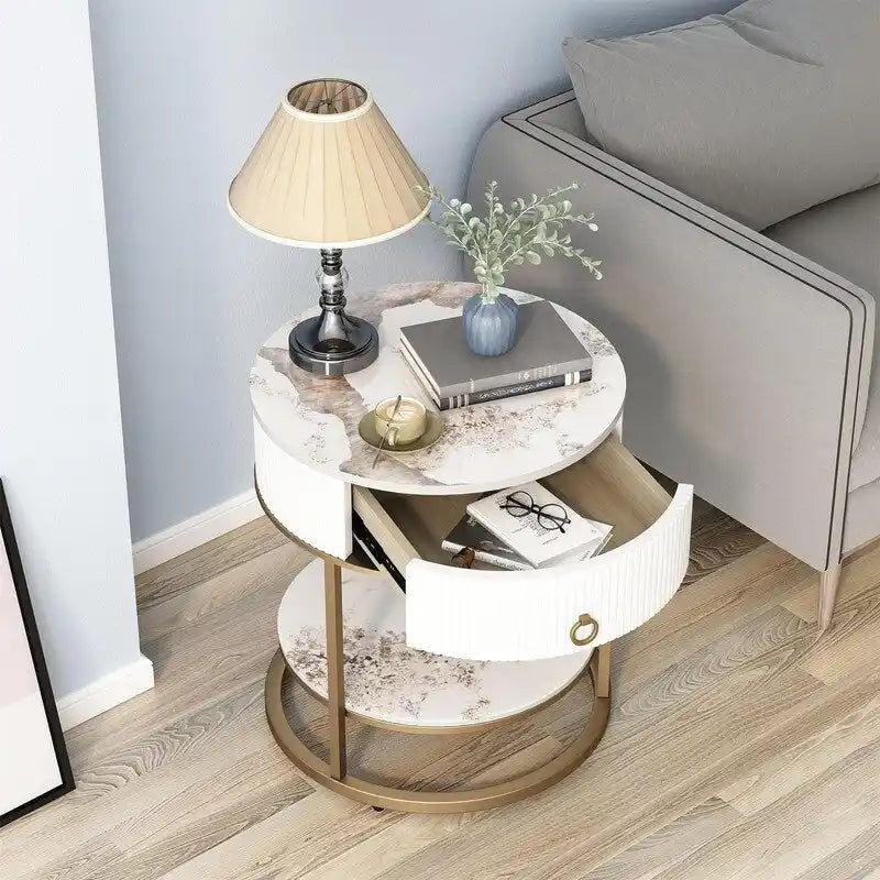 Gold Marble Top Round Side Table with Drawer