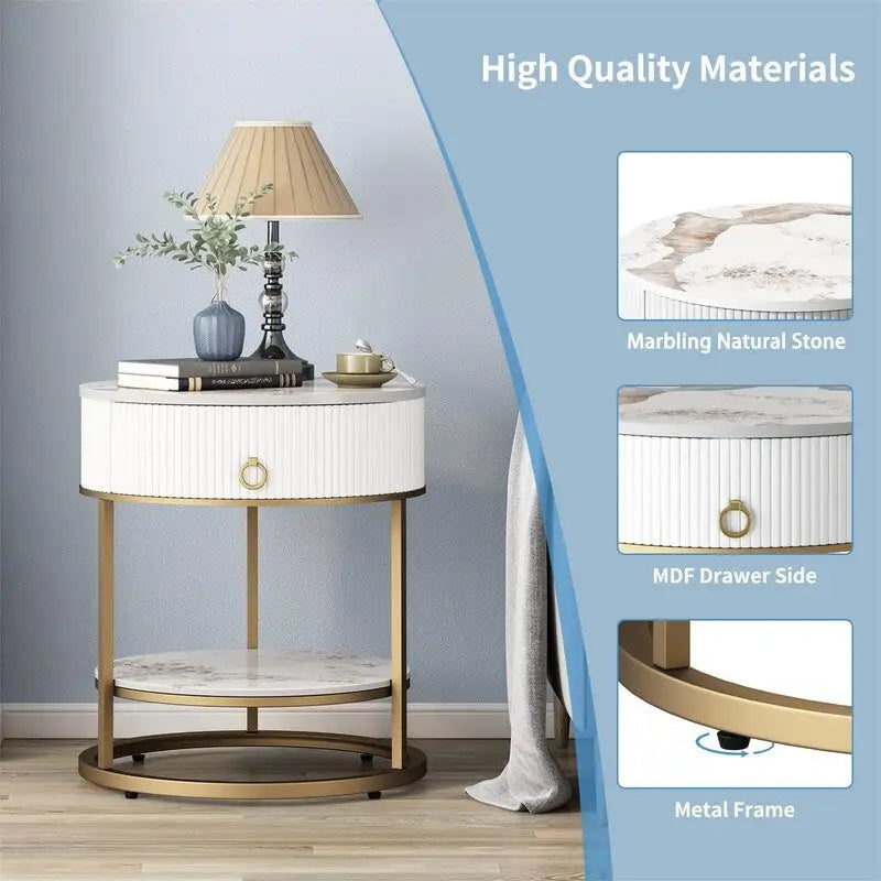 Gold Marble Top Round Side Table with Drawer