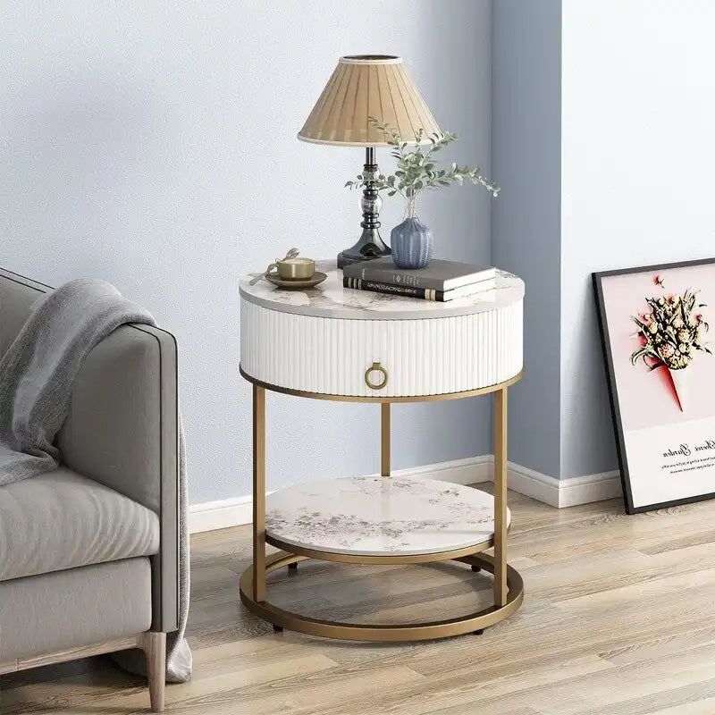Gold Marble Top Round Side Table with Drawer