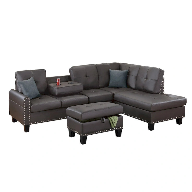 Espresso / Grey Faux Leather Tufted Sectional Sofa Set, 3-Piece, Seats 4–5
