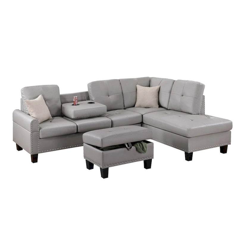 Espresso / Grey Faux Leather Tufted Sectional Sofa Set, 3-Piece, Seats 4–5