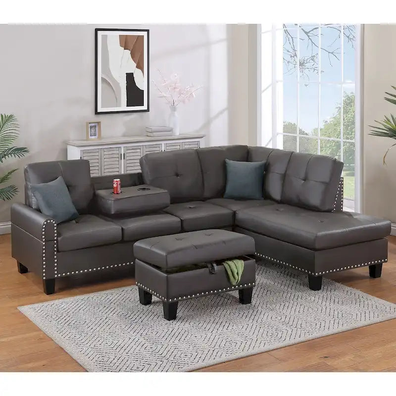 Espresso / Grey Faux Leather Tufted Sectional Sofa Set, 3-Piece, Seats 4–5