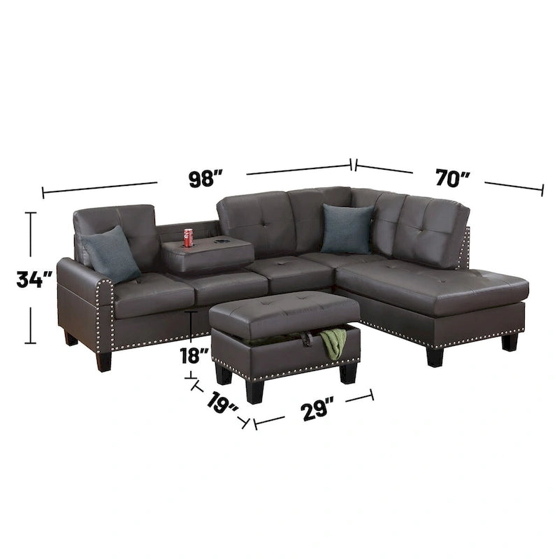 Espresso / Grey Faux Leather Tufted Sectional Sofa Set, 3-Piece, Seats 4–5