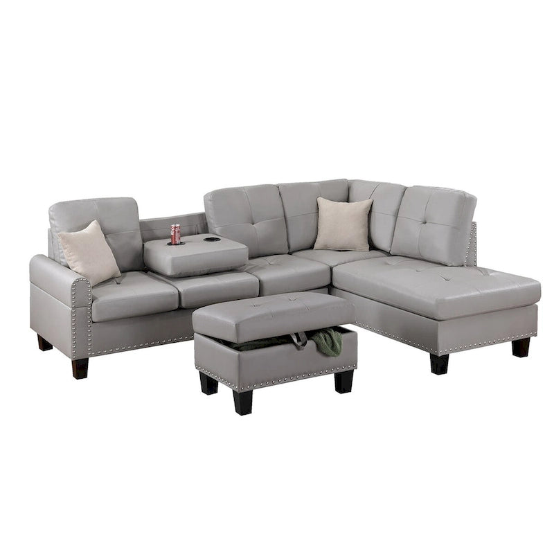 Espresso / Grey Faux Leather Tufted Sectional Sofa Set, 3-Piece, Seats 4–5