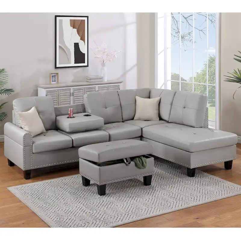 Espresso / Grey Faux Leather Tufted Sectional Sofa Set, 3-Piece, Seats 4–5