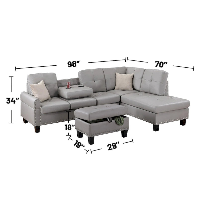 Espresso / Grey Faux Leather Tufted Sectional Sofa Set, 3-Piece, Seats 4–5