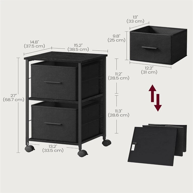 Ebony/Ink Black 2-Drawer Rolling File Cabinet with Printer Stand, 1-Person