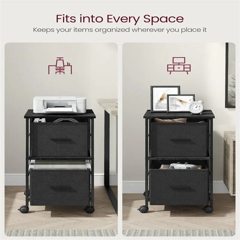 Ebony/Ink Black 2-Drawer Rolling File Cabinet with Printer Stand, 1-Person